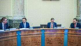 Jednání vlády o pomoci Ukrajině i českým občanům: Zleva Bartoš, Rakušan, Fiala a Jurečka (6.4.2022)