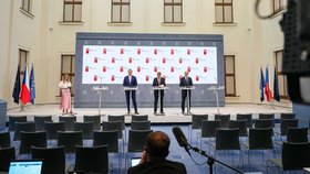 Jednání vlády: TK po jednání vlády, ministr sportu Boris Šťastný, premiér Andrej Babiš a vicepremiér Karel Havlíček (11.5.2026)