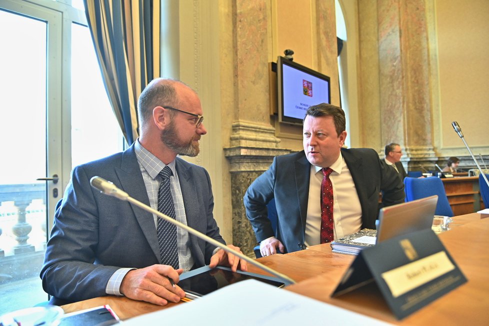 Ministr školství Robert Plaga (ANO) před jednáním vlády, vpravo ministr kultury Antonín Staněk (ČSSD).