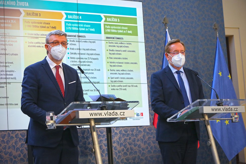 Mimořádné jednání vlády: vicepremiér a ministr dopravy Karel Havlíček a ministr zdravotnictví Petr Arenberger (22. dubna 2021).