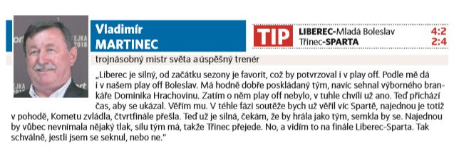 Vladimír Martinec a jeho tip v semifinále tipovacího extraligového play off
