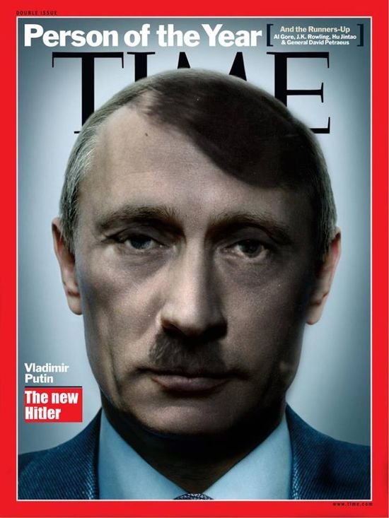 Jedna z Putinových karikatur, na které je zobrazen jako Hitler.