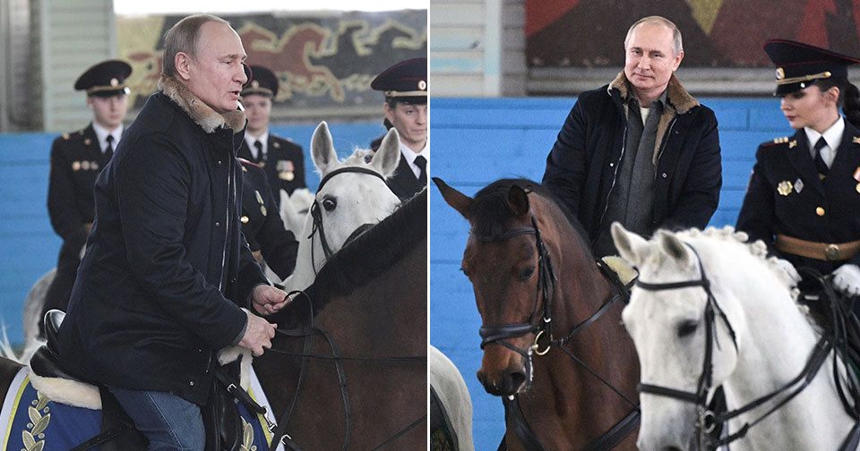 Ruský prezident Putin u příležitosti MDŽ navštívil prapor jízdní policie, po manéži se projel s krásnými strážnicemi, kůň ho ale trochu pozlobil.