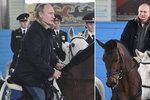 Ruský prezident Putin u příležitosti MDŽ navštívil prapor jízdní policie, po manéži se projel s krásnými strážnicemi, kůň ho ale trochu pozlobil.