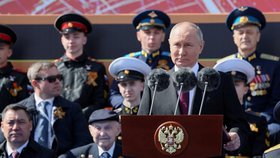 Vladimir Putin během projevu na Rudém náměstí v Moskvě (9.5.2023)