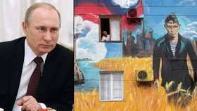 Vladimir Putin přiznal: obsadit Krym jsem nařídil já! (vpravo graffiti na domě v Sevastopolu)