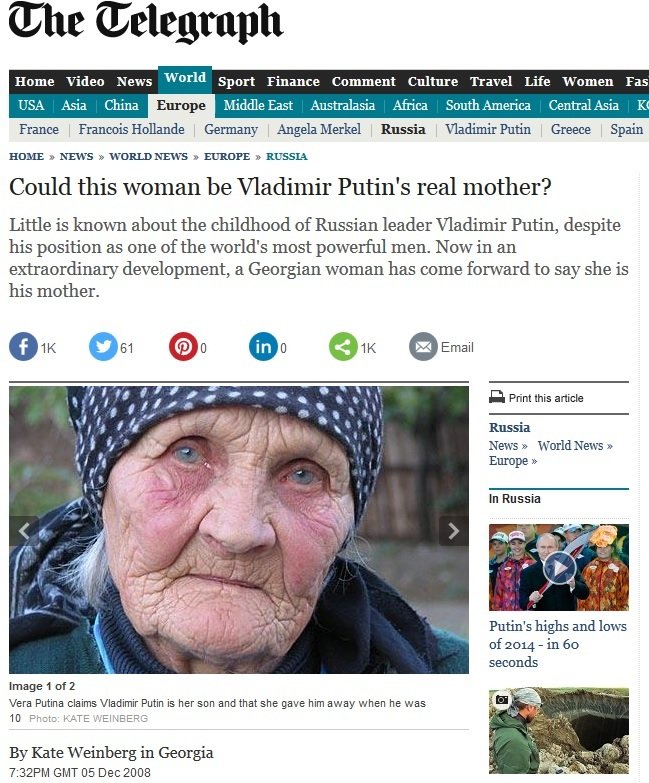 V roce 2008 britský Telegraph přišel s rozhovorem s údajnou Putinovou biologickou matkou