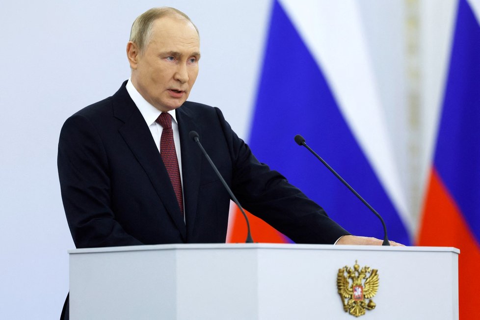 Vladimir Putin na slavnostní ceremonii k anexi ukrajinských území.