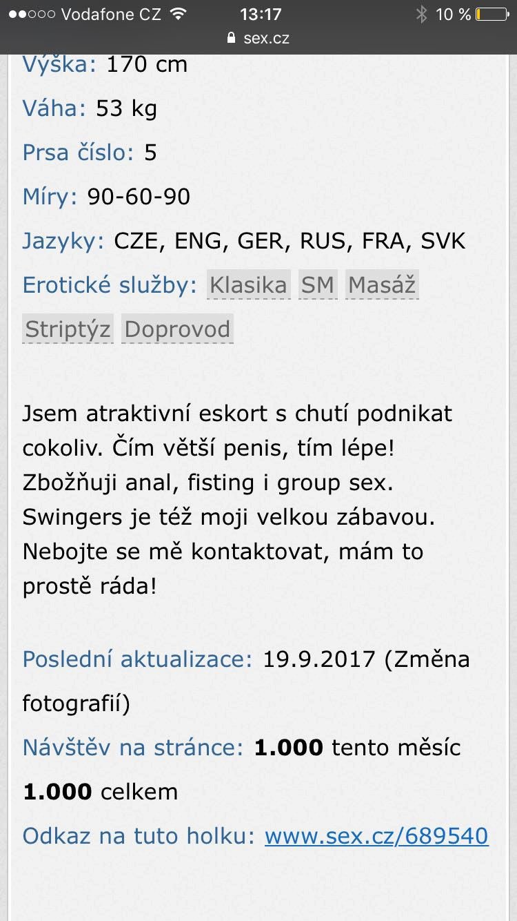 Ofocený falešný inzerát na escort služby Vlaďky Erbové