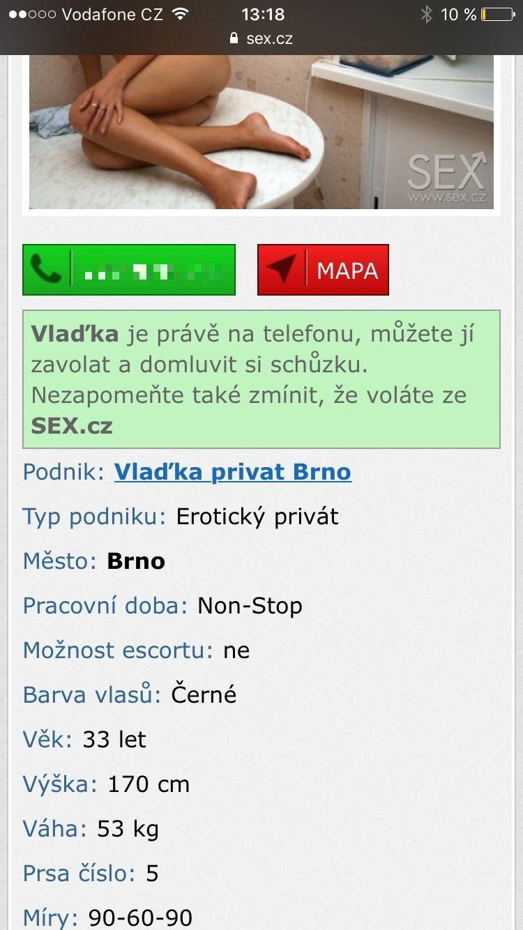 Ofocený falešný inzerát na eskort služby Vlaďky Erbové