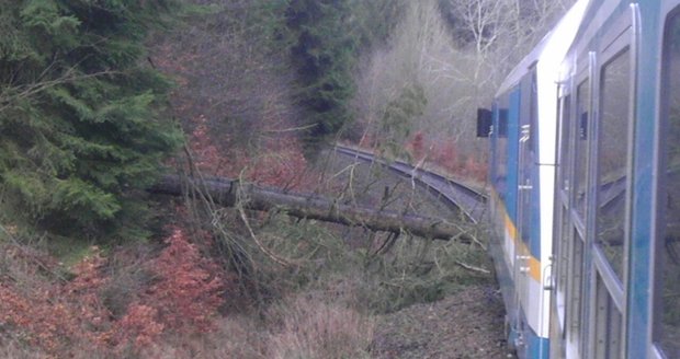 Vlak narazil u Moravského Berouna do spadlého stromu. Řidiče trápí sníh, déšť a vítr 