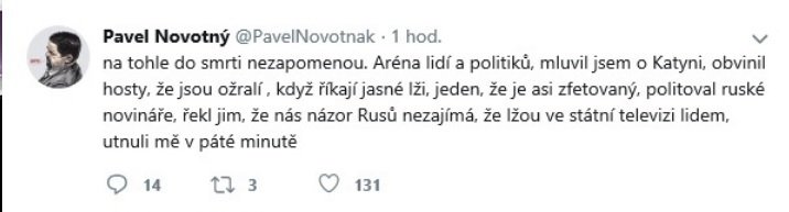 Tweet Pavla Novotného o vystoupení v televizi Rossija 1