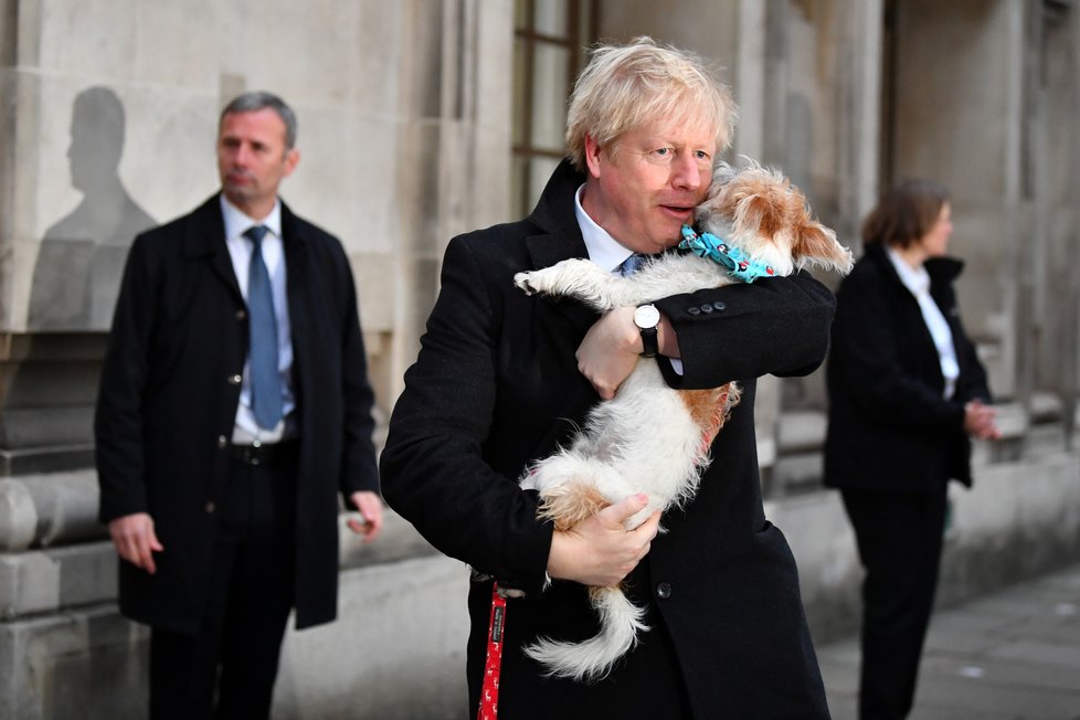 Předčasné volby v Británii, premiér Johnson dorazil k urnám se psem, (12.12.2019).