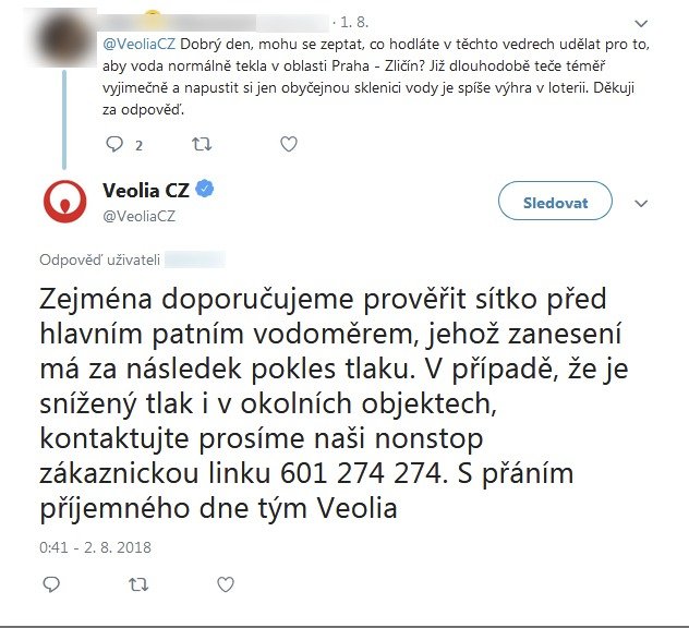 Reakce společnosti Veolia na Twitteru