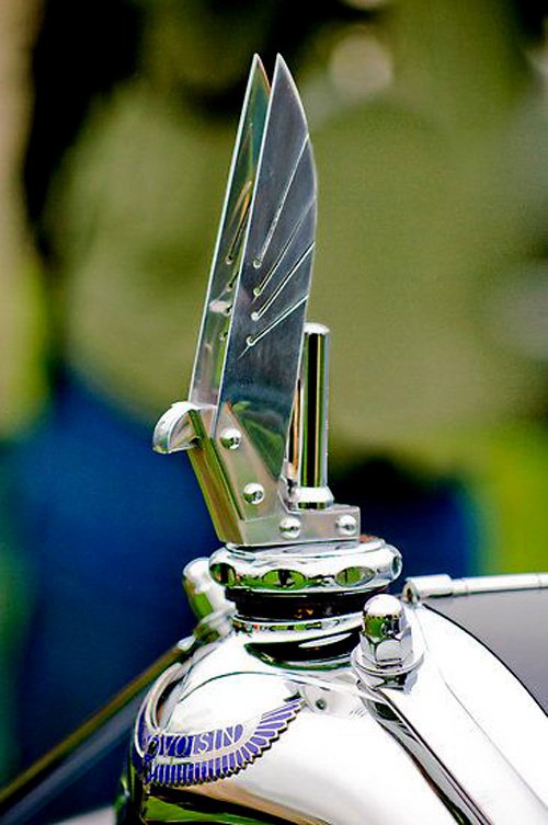 Automobily Voisin zdobila stylizovaná soška ptáka s nahoru vzepjatými křídly, umístěná na zátce hrdla chladiče. 