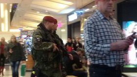 Vojáci s policisty po bruselských útocích hlídkují i v nákupních centrech. Na snímku v pražském Palladiu.