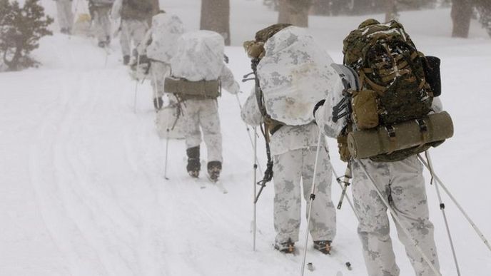 Vojáci trénují přežití v zimní přírodě, ilustrační foto