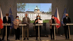 Ministr zdravotnictví Adam Vojtěch, ministryně spravedlnosti Marie Benešová a ministr průmyslu a obchodu Karel Havlíček, ministryně financí Alena Schillerová (všichni za ANO) a ministryně práce a sociálních věcí Jana Maláčová (ČSSD) a ministr zdravotnictví Adam Vojtěch (za ANO) na jednání vlády, kde se řešily dopady koronaviru (31. 3. 2020)