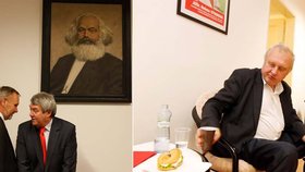 Ze štábu KSČM: Kováčik s Filipem u obrazu Marxe, Ransdorf s obloženou houskou