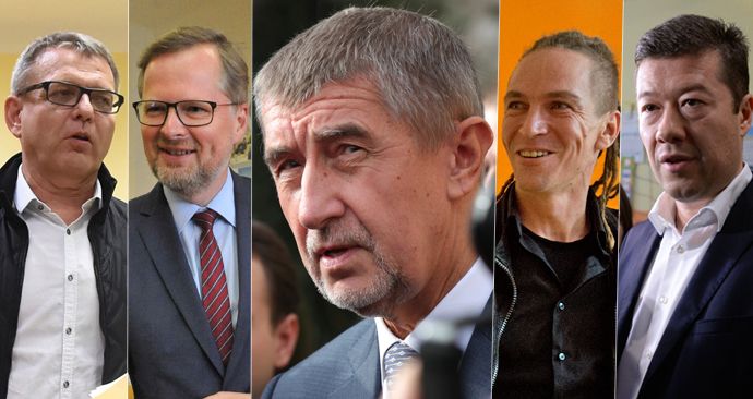 Volební lídři: Zleva Lubomír Zaorálek (ČSSD), Petr Fiala (ODS), Andrej Babiš (ANO), Ivan Bartoš (Piráti) a Tomio Okamura (SPD)