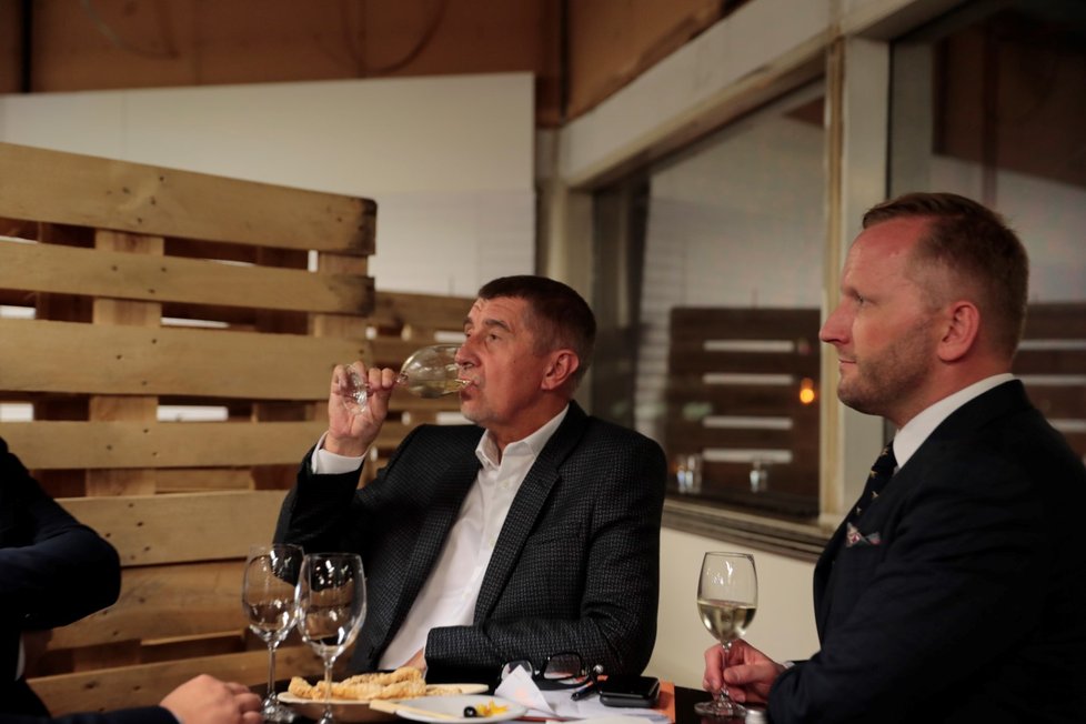 Andrej Babiš s Petrem Stuchlíkem popíjejí víno při čekání na výsledky.