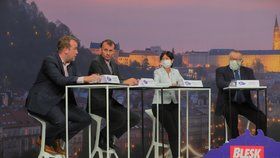 Krajská debata Blesku o zdravotnictví: Zleva Filip Ušák (STAN), Stanislav Mackovík (KSČM),  Ilona Mauritzová (ODS), Jiří Mašek (ANO) (10. 9. 2020)