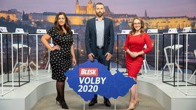 Krajské debaty Blesku 2020: Tým moderátorů - zleva Vera Renovica, Jaroslav Šimáček, Sabina Dračková (7. 9. 2020)