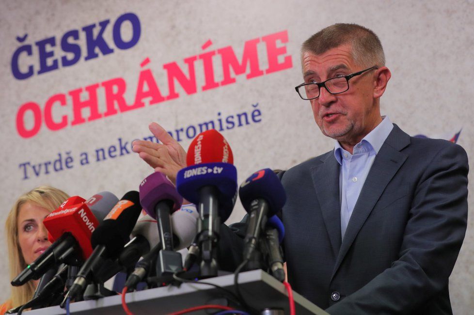 Andrej Babiš během tiskové konference po zveřejnění výsledků voleb do Evropského parlamentu (26. 5. 2019)