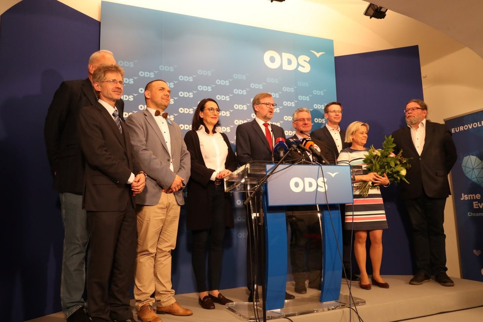 ODS během tiskové konference po zveřejnění výsledků voleb do Evropského parlamentu (26. 5. 2019)