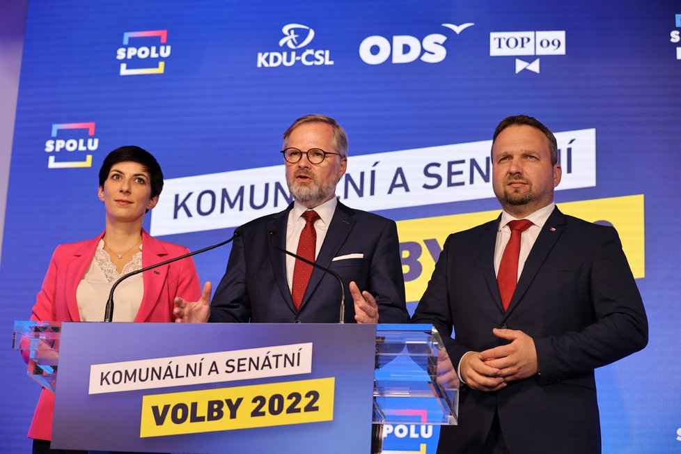Tisková konference koalice SPOLU - Markéta Pekarová Adamová, Petr Fiala a Marian Jurečka