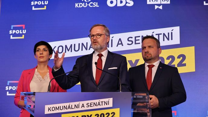 Tisková konference koalice SPOLU - Markéta Pekarová Adamová, Petr Fiala a Marian Jurečka. (23.9.2022)