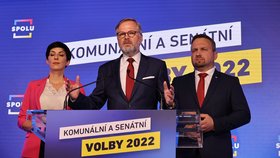 Tisková konference koalice SPOLU - Markéta Pekarová Adamová, Petr Fiala a Marian Jurečka. (23.9.2022)