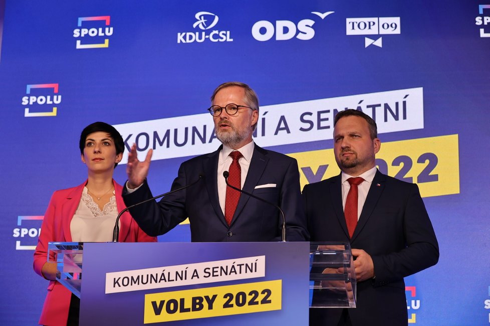 Tisková konference koalice SPOLU - Markéta Pekarová Adamová, Petr Fiala a Marian Jurečka (23. 9. 2022)