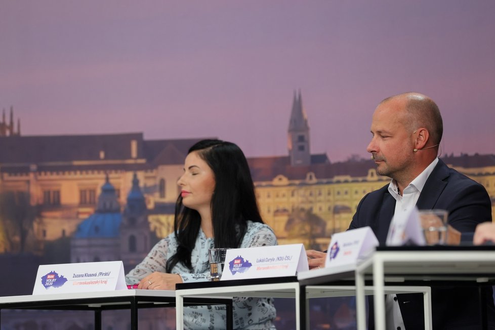 Krajská debata Blesku 2020: Zleva Zuzana Klusová (Piráti), Lukáš Curylo (KDU-ČSL)