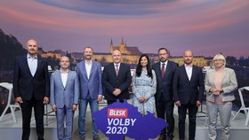 Krajské volby 2020: Zleva Josef Bernard (za STAN), Zdeněk Štefek (KSČM), Jakub Unucka (ODS), Ladislav Okleštěk (ANO), Zuzana Klusová (Piráti), Lukáš Curylo (KDU-ČSL), Michal Kučera (TOP 09), Olga Sehnalová (ČSSD)