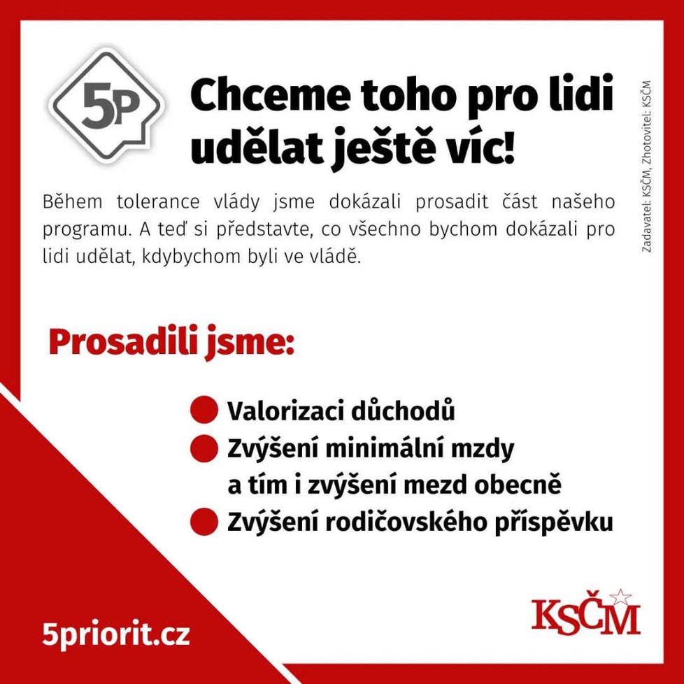 Předvolební komunikace KSČM. Autorem programu 5P je komunikační poradce a člen KSČM Roman Roun, znýmý také jako agent českých celebrit