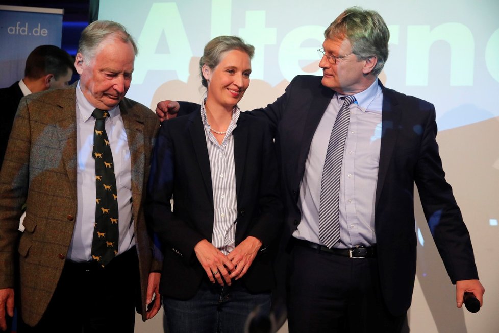 Lídři AfD (Alternativa pro Německo): Zleva Alexander Gauland, Alice Weidel a Joerg Meuthen