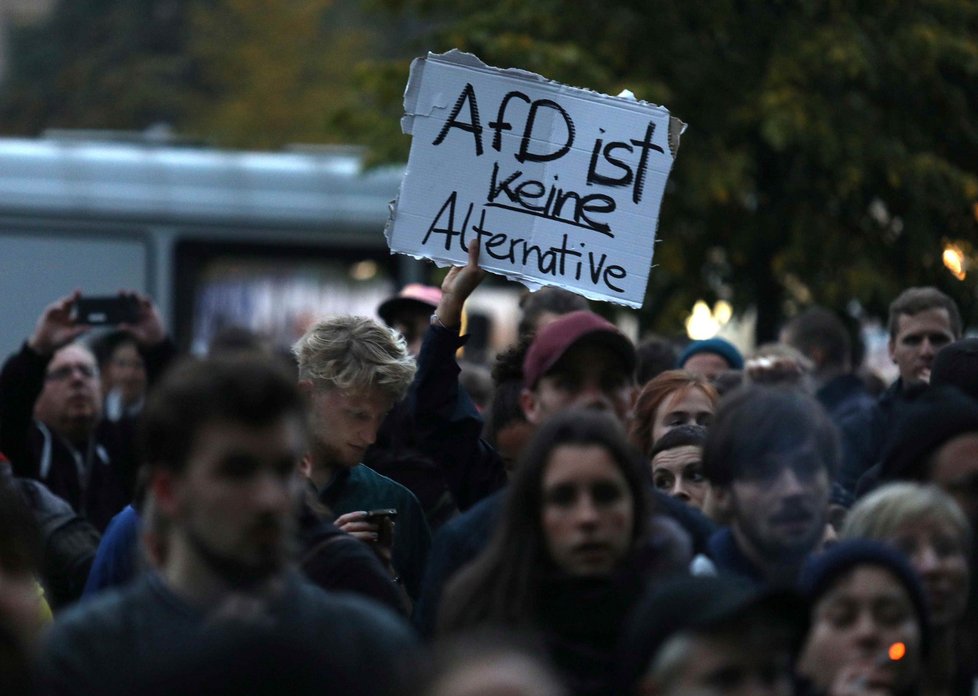 Alternativa pro Německo (AfD) získala ve volbách třetí nejvyšší počet hlasů. V ulicích Berlína někteří lidé proti této straně protestovali. Na transparentu stojí „Alternativa pro Německo (AfD) není žádná alternativa“.