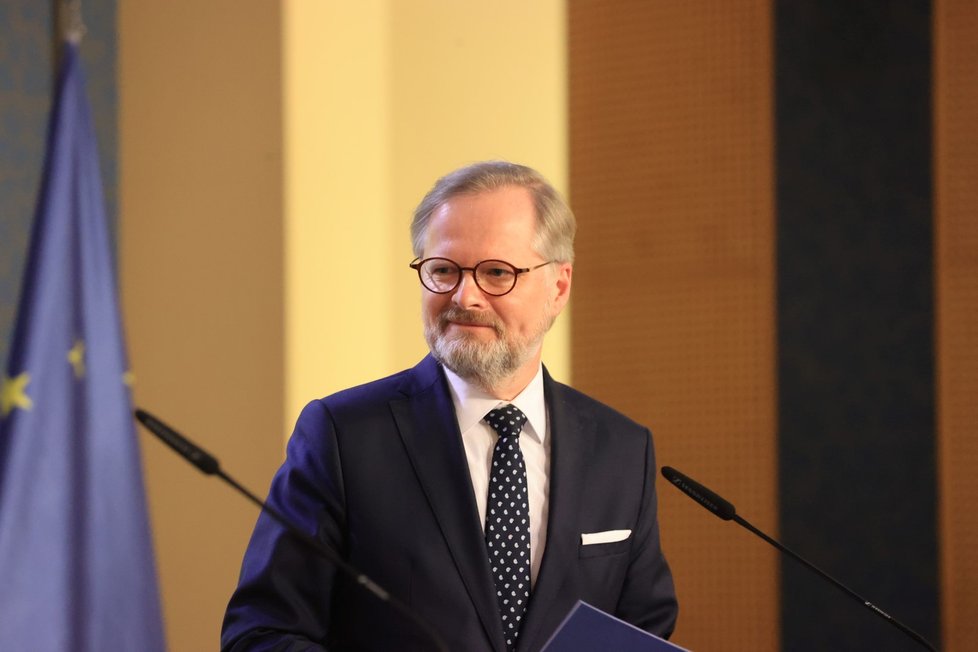 Petr Fiala na tiskové konferenci k vítězství Petra Pavla v prezidentských volbách (28. 1. 2023)