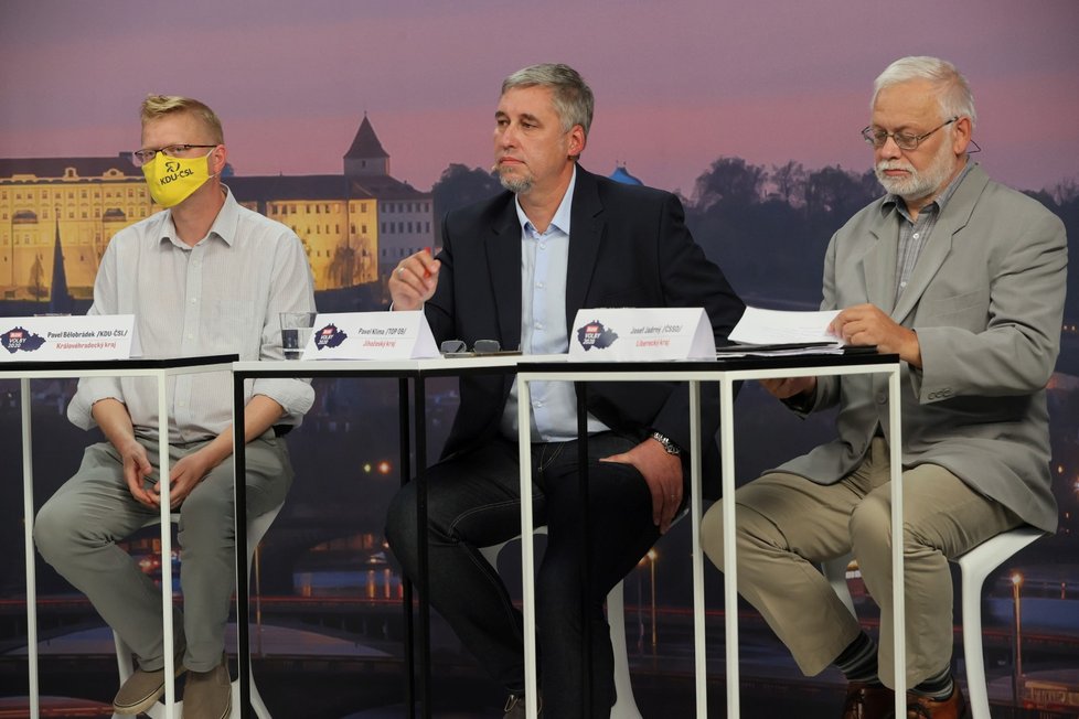 Debata Blesku o školství: Zleva Pavel Bělobrádek (KDU-ČSL), Pavel Klíma (TOP 09) a Josef Jadrný (ČSSD) (17. 9. 2020)