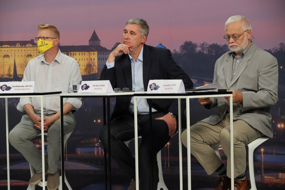 Debata Blesku o školství: Zleva Pavel Bělobrádek (KDU-ČSL), Pavel Klíma (TOP 09) a Josef Jadrný (ČSSD) (17. 9. 2020)
