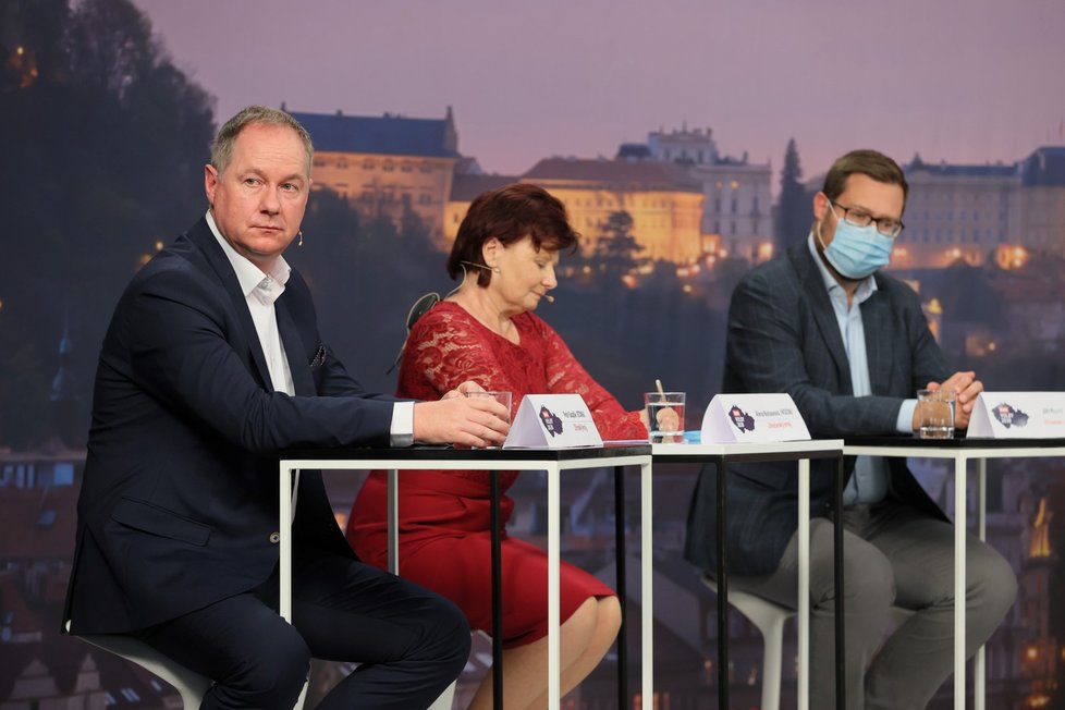 Debata Blesku o školství: Zleva Petr Gazdík (STAN), Alena Nohavová (KSČM) a Jiří Nantl (ODS) (17. 9. 2020)