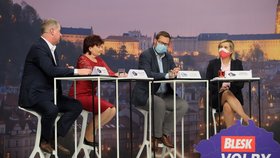 Debata Blesku o školství: Zleva Petr Gazdík (STAN), Alena Nohavová (KSČM), Jiří Nantl (ODS) a Jana Mračková Vildumetzová (ANO) (17. 9. 2020)