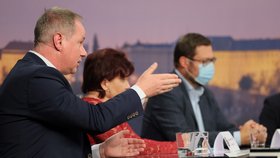 Debata Blesku o školství: Zleva Petr Gazdík (STAN), Alena Nohavová (KSČM) a Jiří Nantl (ODS) (17. 9. 2020)