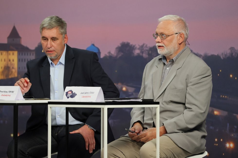 Debata Blesku o školství: Zleva Pavel Klíma (TOP 09) a Josef Jadrný (ČSSD) (17. 9. 2020)