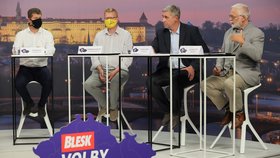 Debata Blesku o školství: Zleva Jiří Snížek (Piráti), Pavel Bělobrádek (KDU-ČSL), Pavel Klíma (TOP 09) a Josef Jadrný (ČSSD) (17. 9. 2020)