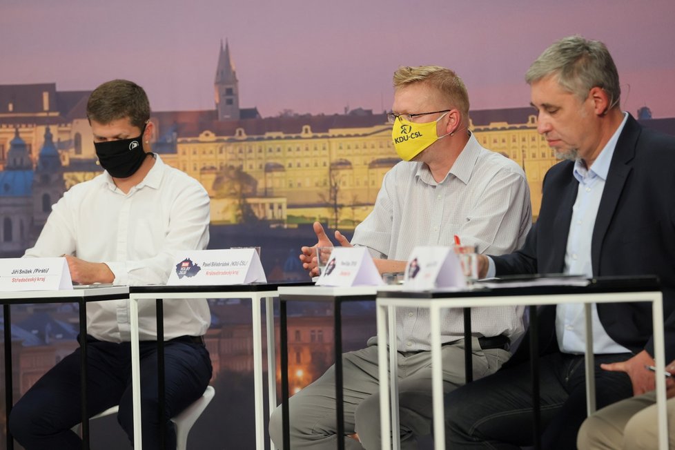 Debata Blesku o školství: Zleva Jiří Snížek (Piráti), Pavel Bělobrádek (KDU-ČSL), Pavel Klíma (TOP 09) (17. 9. 2020)