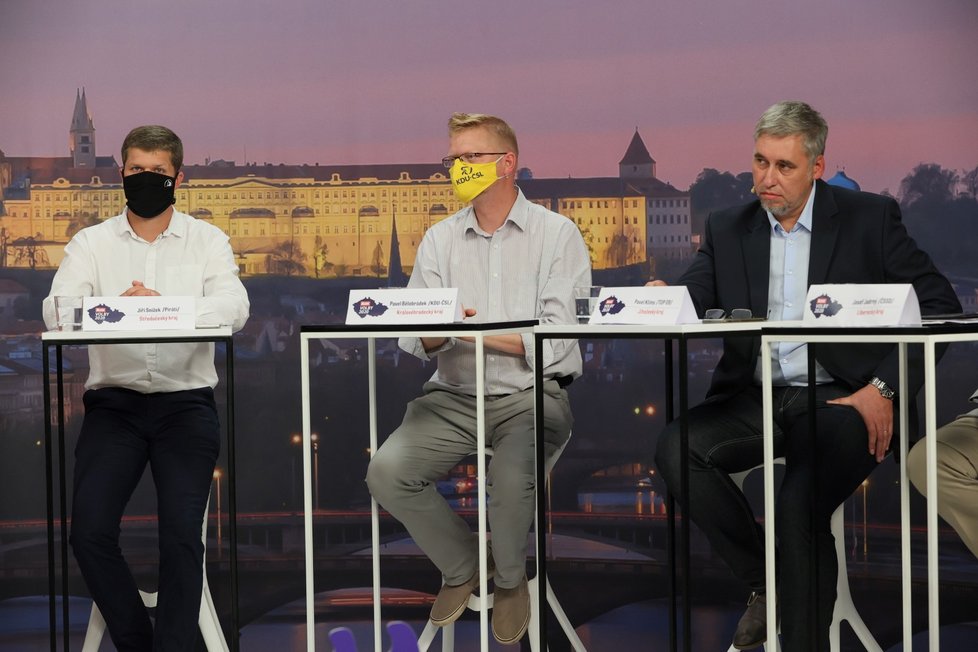 Debata Blesku o školství: Zleva Jiří Snížek (Piráti), Pavel Bělobrádek (KDU-ČSL) a Pavel Klíma (TOP 09) (17. 9. 2020)