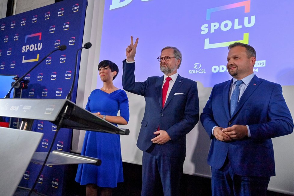 Volby 2021: lídři z koalice Spolu Markéta Pekarová Adamová, Marian Jurečka a Petr Fiala