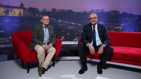 Miroslav Kalousek a šéfredaktor Reflexu Marek Stoniš ve volebním studiu Blesku.